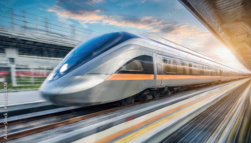 Poster a sleek and modern highspeed train speeding along a track, showcasing its dynamic design and advance
