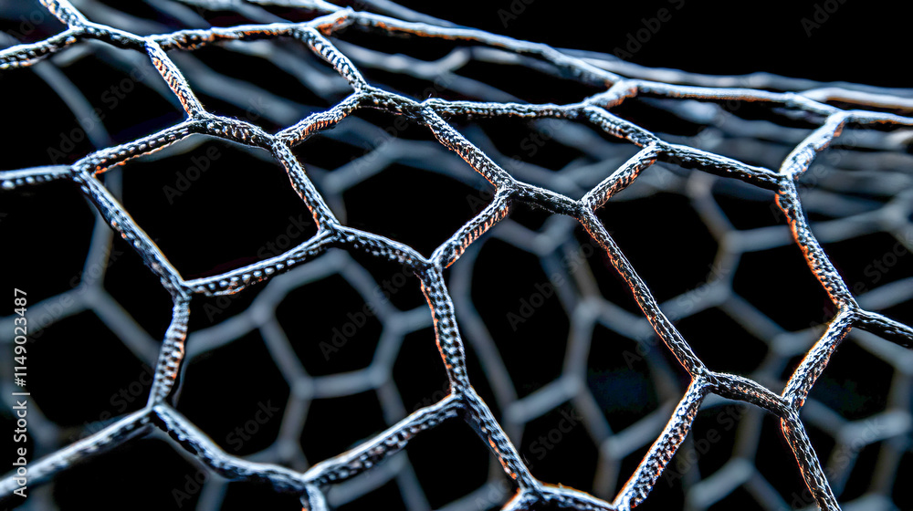 Poster close-up of hexagonal wire mesh on black background