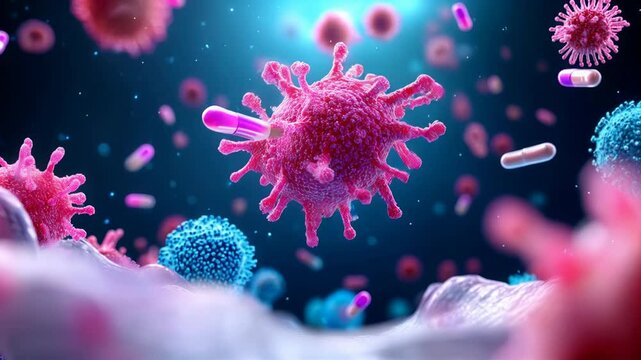 Microscopic view of bacteria forming shield around antibiotics, Healthcare concept, AMR antibiotic resistance threat in medical treatment