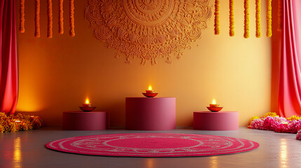 Elegant diwali celebration with candles and floral decor in vibrant room