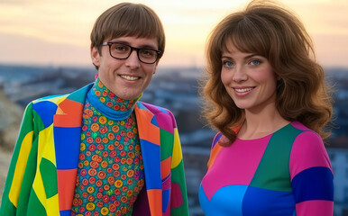 A cheerful couple dressed in colorful retro-inspired Swinging London style clothes smiling together against a cityscape background during sunset