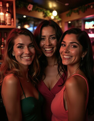 A cheerful trio of young women smiling and enjoying their time in a cozy social venue.