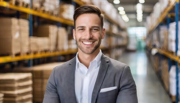 A Smiling Businessman Poses Confidently in a Fabric Warehouse, Showcasing His Professionalism and Passion for Textiles in a Vibrant and Dynamic Environment
