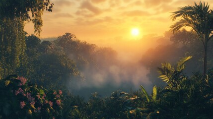Obraz premium Serene Sunrise Over Lush Green Jungle with Colorful Flora