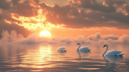 Fototapeta premium Serene Sunset Over Tranquil Lake with Elegant Swans Swimming