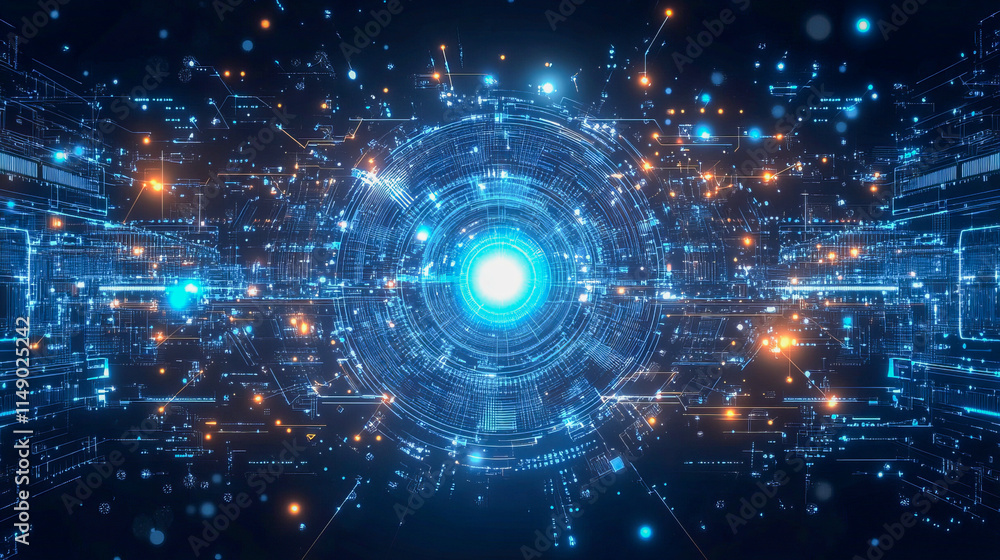 Poster futuristic digital interface with glowing blue circular pattern and technological elements