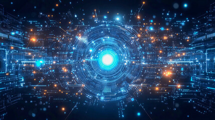 Futuristic digital interface with glowing blue circular pattern and technological elements