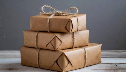 A Stack of Three Brown Packages Tied Together with Twine Perfect for Shipping, Gift Wrapping, or Rustic Decor in Your Home or Office