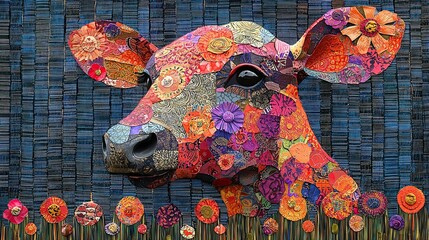 Obraz premium A vibrant, artistic depiction of a cow's head adorned with colorful floral patterns.