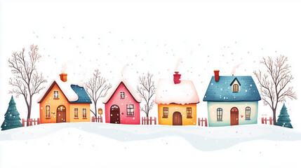 Colorful houses covered in snow during winter season with trees and fence  vector illustration on white background, winter landscape with houses