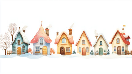 Colorful winter cottages lined up against a pure white background with smoke curling from chimneys illustration on white background