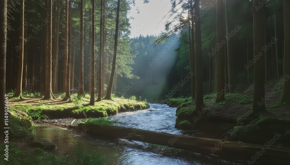 Aufkleber a serene stream flowing through a lush forest, surrounded by vibrant greenery and dappled sunlight f