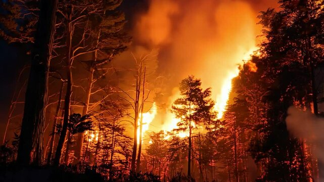 Intense forest fire devours trees amidst fiery glow in dramatic nature scene