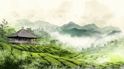 Serene tea plantation landscape with a traditional pavilion nestled amidst rolling hills and mist.