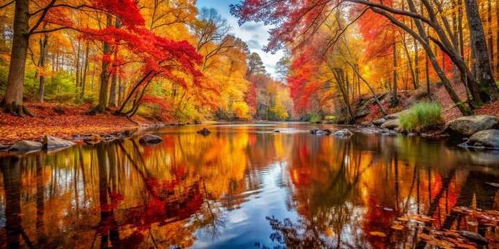 Fall foliage reflected in Sycamore Creek, Umstead State Park, Raleigh, NC - vibrant autumn colors.