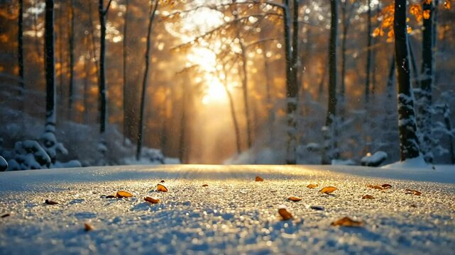 A low angle static shot of a snowy path through a forest in winter.