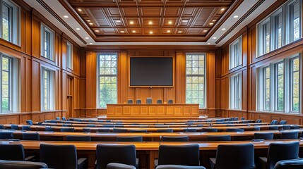 Spacious lecture hall with wood paneling, a large screen, and rows of desks and chairs.