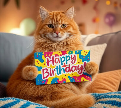 A charming orange tabby cat holding a vibrant birthday card, posing cheerfully in a cozy, decorated room.