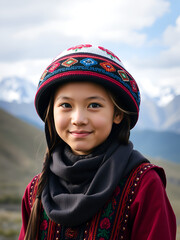 Proud Kyrgyz Teenager in Kalpak Hat with Embroidered Patterns, Mountains in Background