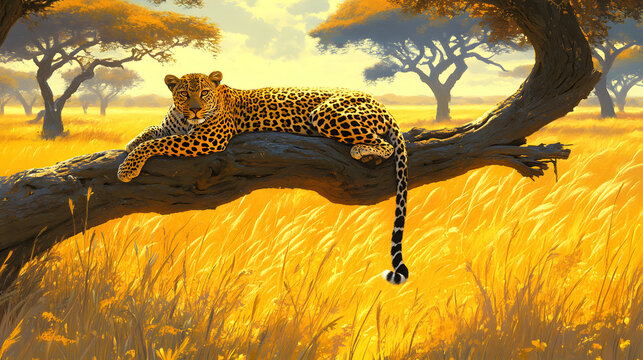 Leopard Lounging on Tree Branch: Golden Savannah Backdrop