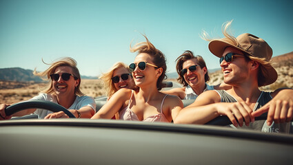 Un grupo de amigos viajando en un coche descapotable, riendo y disfrutando de un viaje por la carretera. La brisa mueve sus cabellos y hay paisajes hermosos de fondo. La imagen evoca aventura y libert