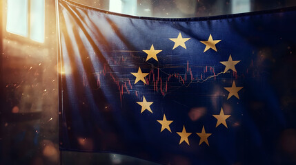 A flag of Europe with a graph of the stock market, finance, economy and data