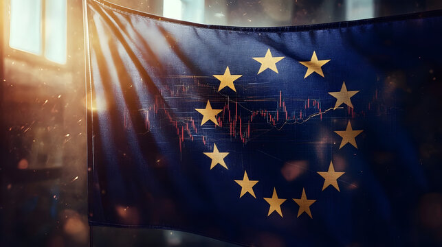 A flag of Europe with a graph of the stock market, finance, economy and data