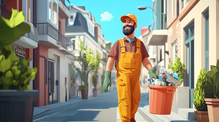 Cheerful dustman keeping the streets clean and removing trash