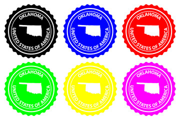 Oklahoma - rubber stamp - vector, Oklahoma (United States of America) map pattern - sticker - black, blue, green, yellow, purple and red 