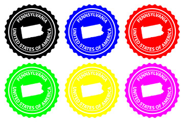 Obraz premium Pennsylvania - rubber stamp - vector, Pennsylvania (United States of America) map pattern - sticker - black, blue, green, yellow, purple and red 