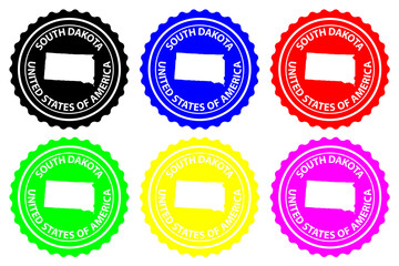 South Dakota - rubber stamp - vector, South Dakota (United States of America) map pattern - sticker - black, blue, green, yellow, purple and red