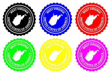 West Virginia - rubber stamp - vector, West Virginia (United States of America) map pattern - sticker - black, blue, green, yellow, purple and red