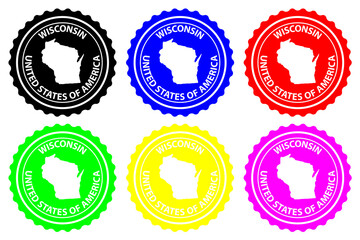 Wisconsin - rubber stamp - vector, Wisconsin (United States of America) map pattern - sticker - black, blue, green, yellow, purple and red