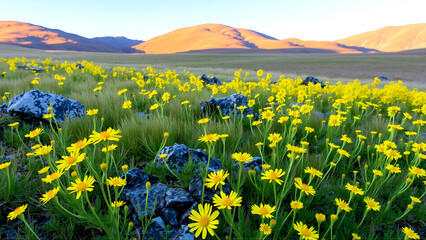 Bright yellow tansy in a golden alpine meadow in the fall