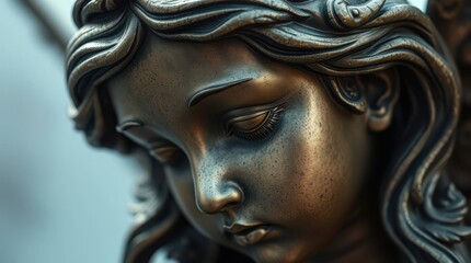 Detailed close-up of a bronze angel statue, showcasing intricate craftsmanship, soft lighting, and a serene, contemplative expression.  
