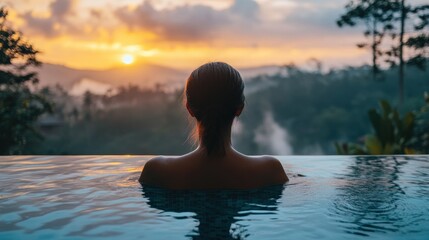 Woman relaxing in infinity pool at sunset, overlooking lush green landscape.