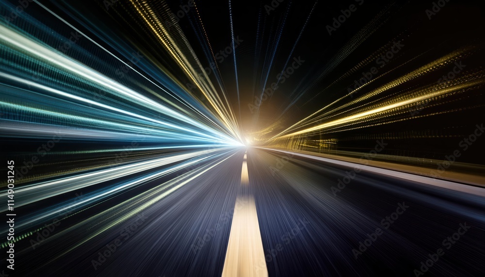 Poster futuristic abstract background featuring highspeed straight blue and yellow lines with bokeh glowing