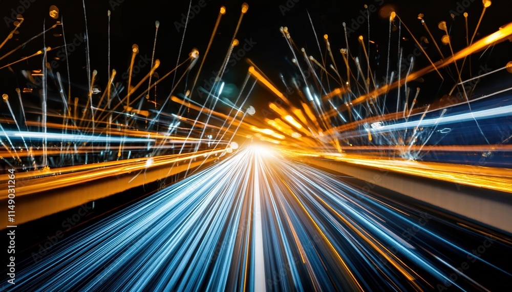 Poster futuristic abstract background featuring highspeed straight blue and yellow lines with bokeh glowing
