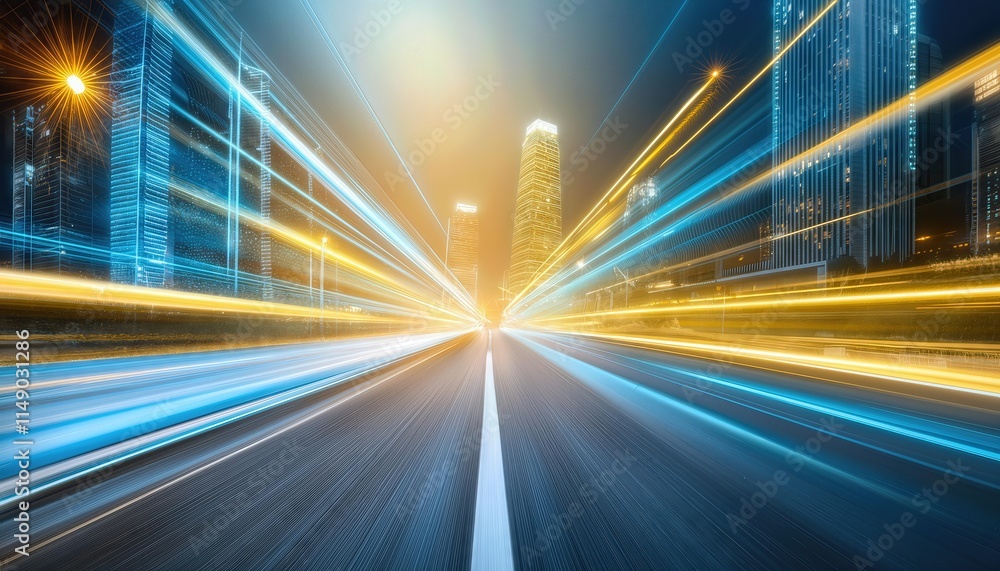 Poster abstract futuristic background with highspeed straight blue and yellow lines, featuring bokeh glowin
