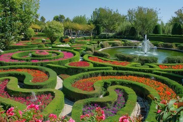 A beautifully landscaped garden featuring colorful flower beds and a central fountain.