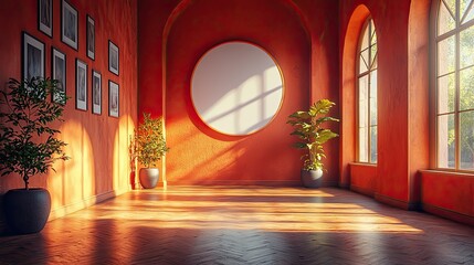 A warm, inviting room with orange walls, plants, and a round mirror, highlighting natural light.