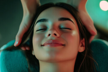 a serene woman with a peaceful smile receiving a head massage in a relaxing spa-like environment  

