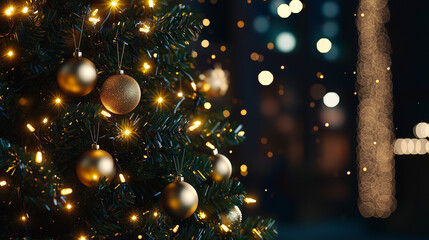 Obraz premium Christmas Tree with Golden Baubles and Fairy Lights