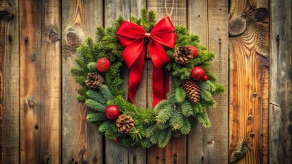 Festive Christmas Wreath with Red Bow & Pine Cones on Rustic Wooden Door - Stock Photo