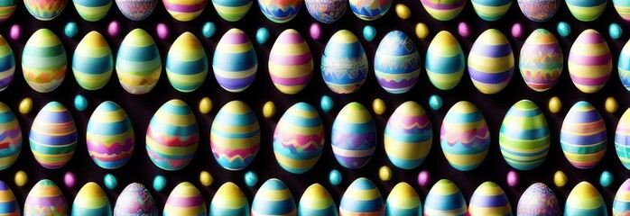 Vibrant Easter eggs in shades of blue, yellow, pink, and green with bold striped patterns are arranged in neat rows on a dark background, creating a festive and colorful holiday design