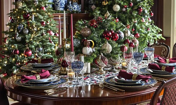 Elegant Christmas Dinner Table Setting with Decorated Trees