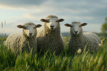 Fototapeta premium Three fluffy sheep standing in a green pasture, looking directly at the camera under a cloudy sky.