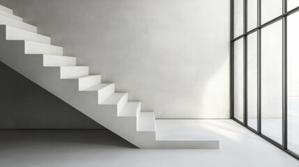 Modern minimalist staircase with clean, elegant design. Featuring neutral tones and sleek materials