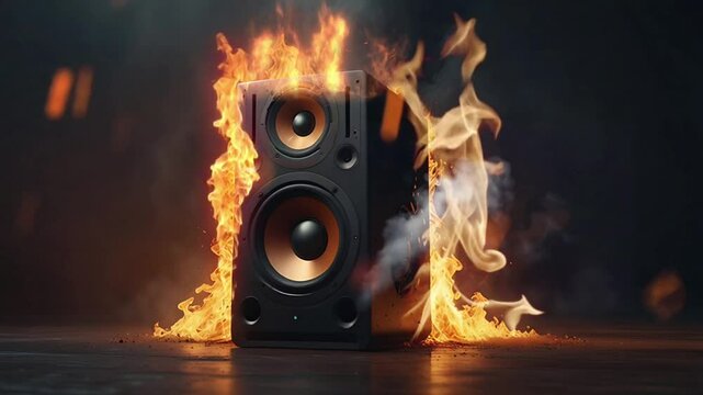 Music speaker box on fire with black background. Seamless 4K looping timelapse video animation