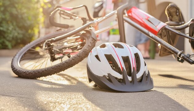 Aftermath of an Automobile Accident CloseUp of a Bicycle Helmet on the Pavement Highlighting the Importance of Safety Gear in Urban Environments and the Dangers of Distracted Driving